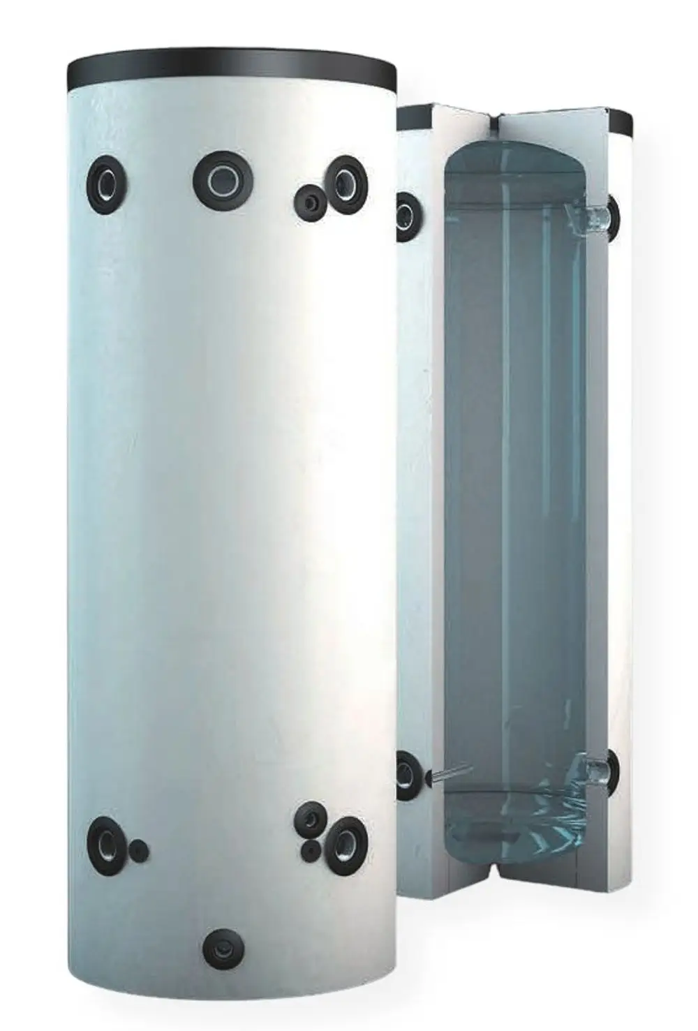 Runder Pufferspeicher von Dream Maker, mit einer transparenten Tür und mehreren Öffnungen zur Wasserleitung, im geöffneten Zustand dargestellt.